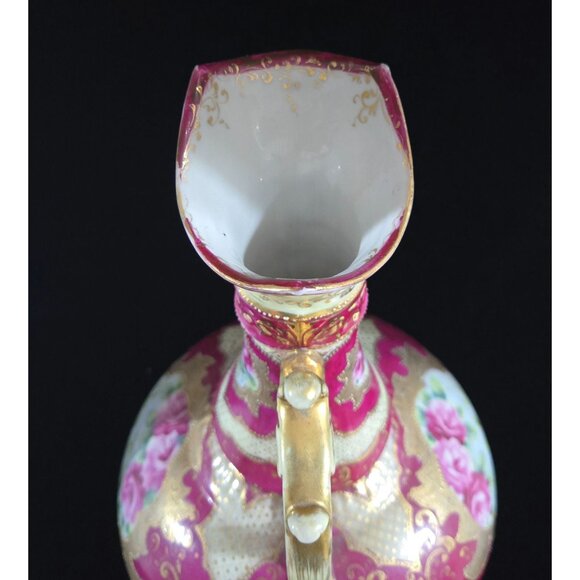Antique Victorian Style Hand-Painted Porcelain Pitcher, Vase W/ Gold Gilding & F - Picture 3 of 10